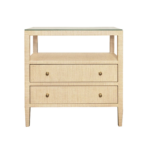 Tan Matthew Izzo Home Douglas Natural Grass Cloth Two Drawer Side Table With One Open Shelf, Glass Top and Polished Brass Knobs For Sale - Image 8 of 8