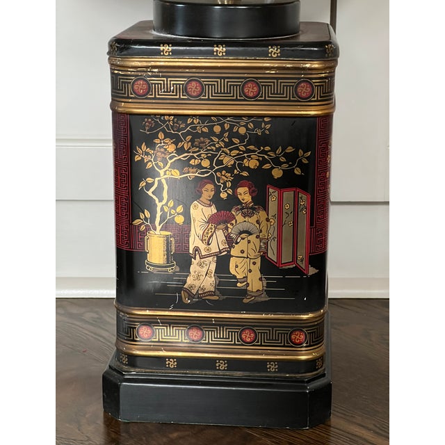 Chinoiserie Vintage 1950s Chinoiserie Tea Canister Table Lamp With Red Shade For Sale - Image 3 of 10