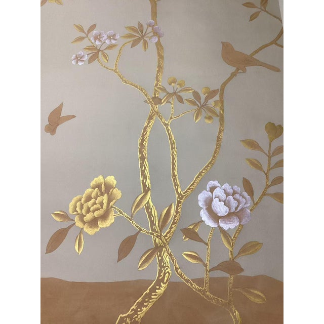Chinoiserie Hand-Painted Gold Chinoiserie Wallpaper Panels – Luxury Botanical Wall Mural, Elegant Bird & Floral Design, 3 Panels 29x96” For Sale - Image 3 of 5