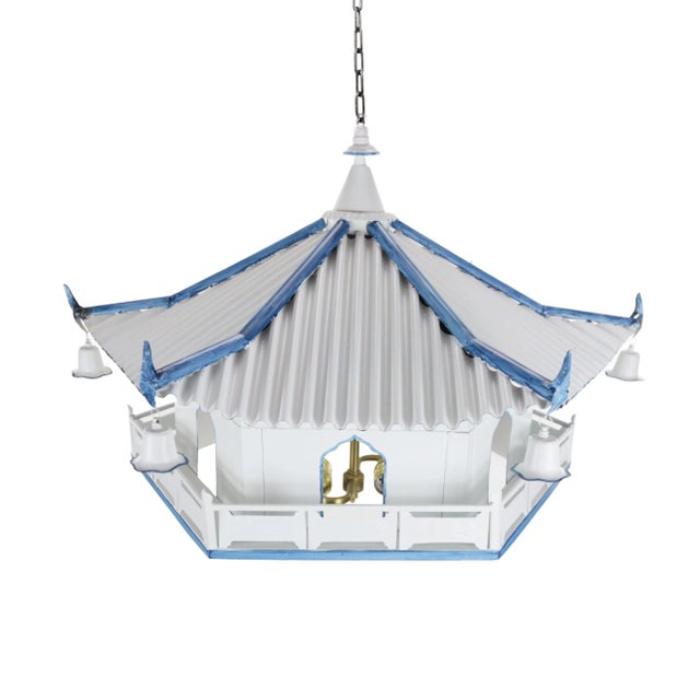 Late 20th Century Vintage Blue and White Chinese Classical Architecture "Pavilion" Style Chandelier For Sale - Image 5 of 12