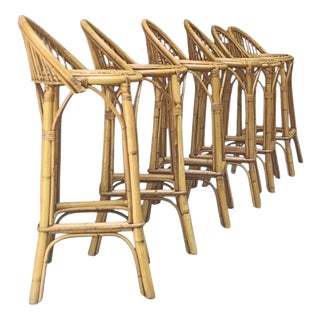 Vintage Rattan and Bamboo Bar Stools by Franco Albini, Italy, 1960s, Set of 6 For Sale