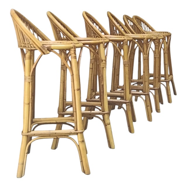 Vintage Rattan and Bamboo Bar Stools by Franco Albini, Italy, 1960s, Set of 6 For Sale