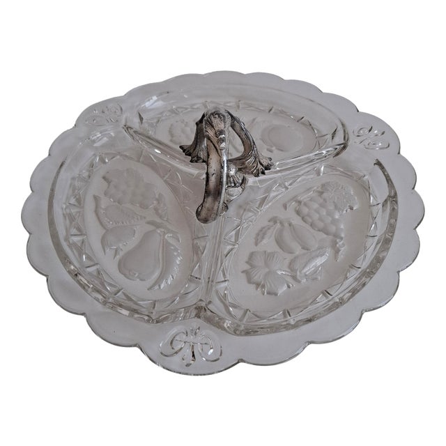 Art Deco Pressed Glass Divided Serving Dish with Alpaca Handle, 1930 For Sale