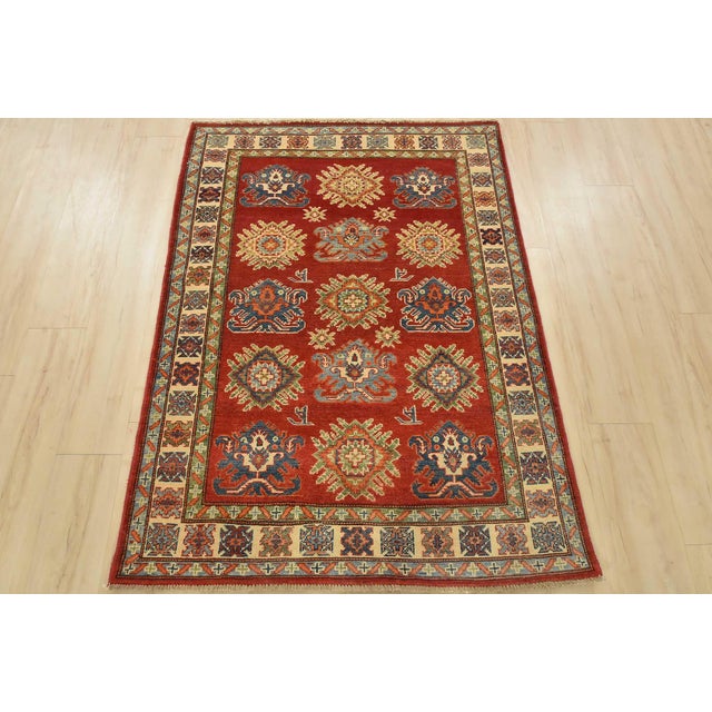 Cabin Kazak Rug 3’11” X 5’3” Red Wool Tribal Hand-Knotted Oriental Carpet For Sale - Image 3 of 12