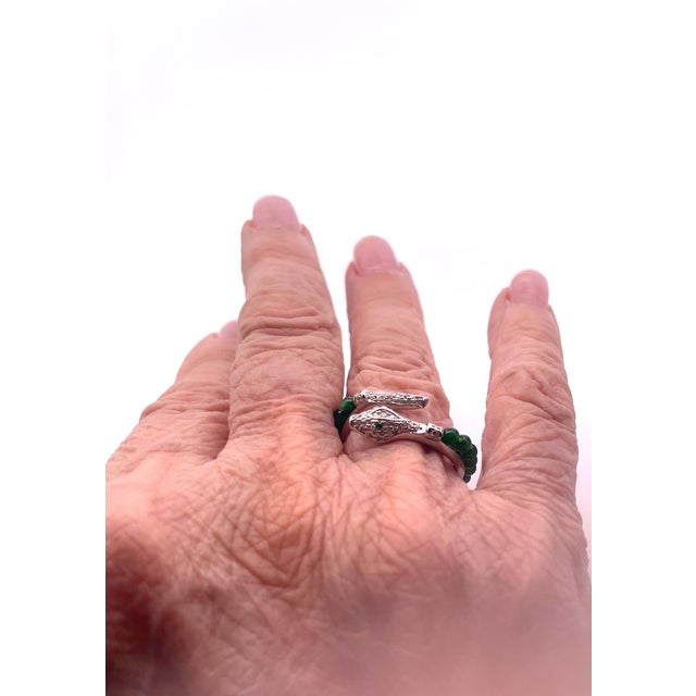 Silver Wrap-Style Cocktail Ring With Green Jade and Cubic Zirconia, Size 6.5 For Sale - Image 4 of 9