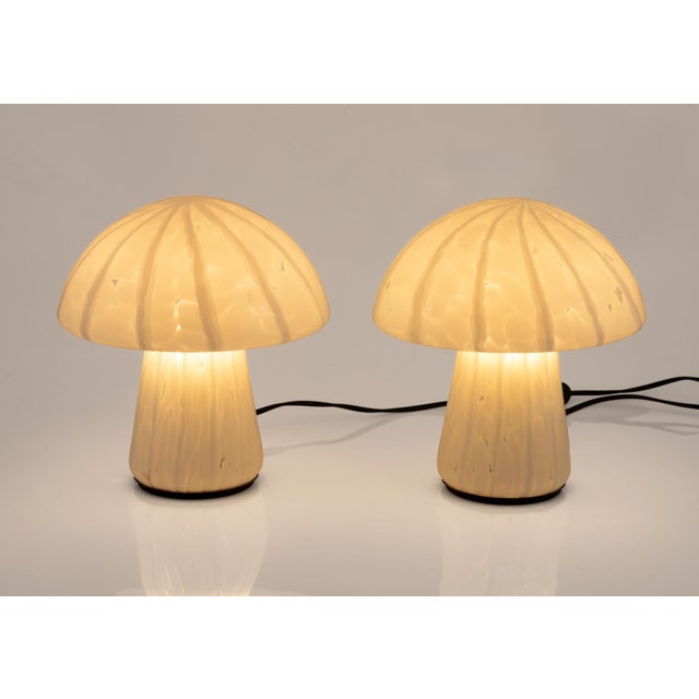 Pair of Italian mushroom-shaped table lamps in white and clear Murano glass. Labeled "Sintesi". 1970s European Plug (up to...