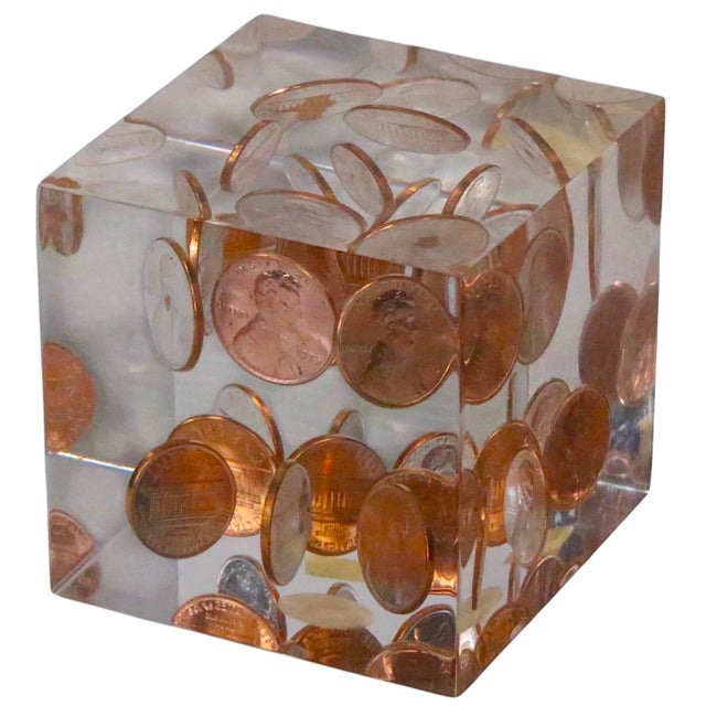 Chic lucite cube paperweight with copper pennies, made in Canada c. 1975. This example is in very good, original, clean...
