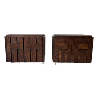 Vintage 1970s Attributed to Lane Staccato Brutalist Side Tables / Nightstands Pair For Sale