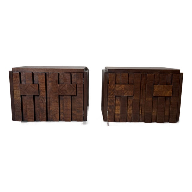 Vintage 1970s Attributed to Lane Staccato Brutalist Side Tables / Nightstands Pair For Sale