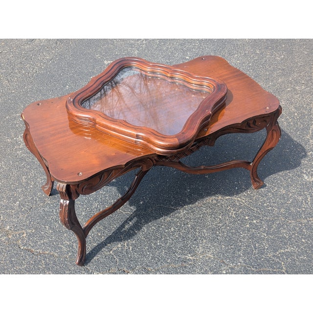 French Rare Vintage French Style Carved Parlor Table With Glass Tray Top For Sale - Image 3 of 12