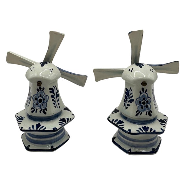 Delft Vintage Ceramic Delft Blue and White Windmill Figurines - A Pair For Sale - Image 4 of 12