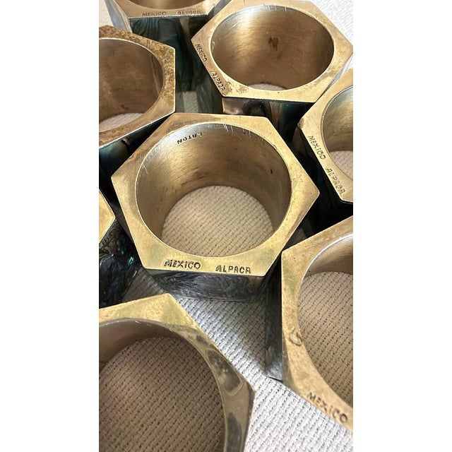 1970s Vintage Mexican Alpaca Abalone Inlay Napkin Rings Set of 8 For Sale - Image 5 of 10
