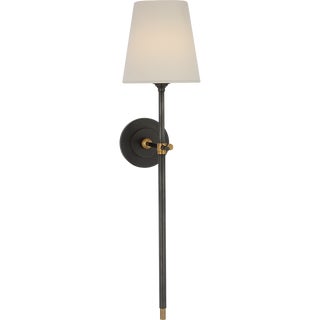Thomas O'Brien for Visual Comfort Signature Bryant 27" Cordless Tail Sconce in Bronze and Hand-Rubbed Antique Brass with Linen Shade For Sale