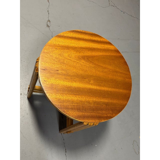 Yellow Restored Vintage Rattan Vertically Stacked Circular Drink Side Table With Mahogany Top For Sale - Image 8 of 9