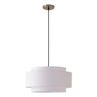 Coronado 15" Pendant Lamp, Drum White Linen Shade, Weathered Brass Steel, Dimmable, 15"d For Sale