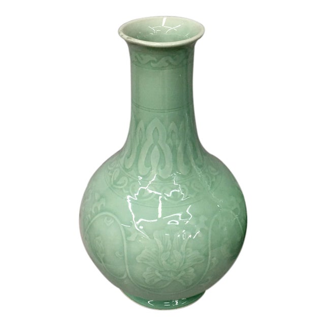 English Long Neck Celedon Vases For Sale - Image 3 of 5