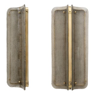 Curved Smoked Ribbed Murano Glass and Brass Wall Sconces, 2000, Set of 2 For Sale