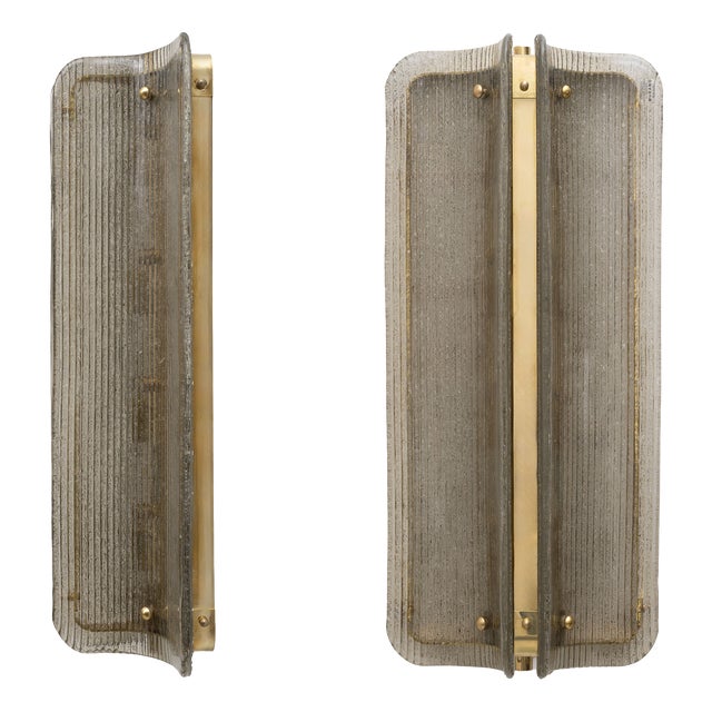 Curved Smoked Ribbed Murano Glass and Brass Wall Sconces, 2000, Set of 2 For Sale