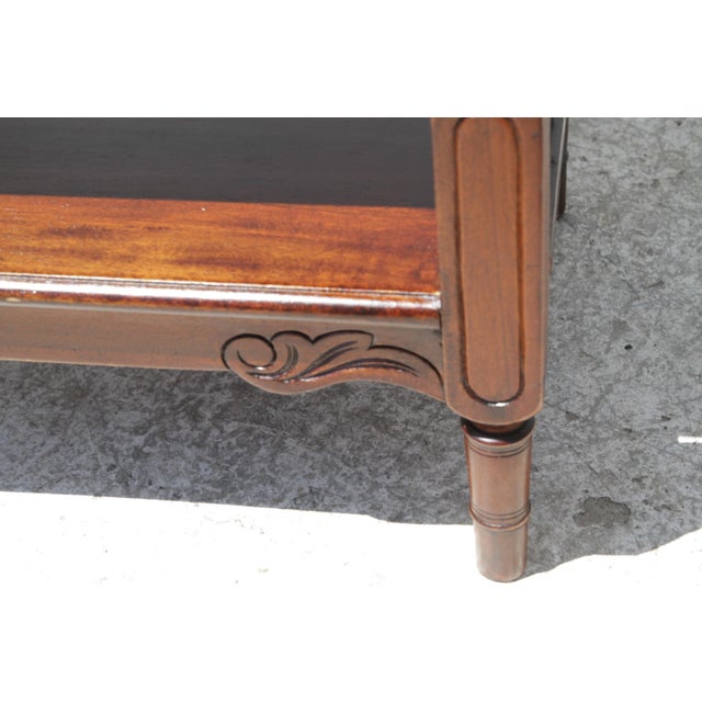 This is a gorgeous vintage mahogany console table, hall table, or Cheveret desk with mirror, two drawers, and two shelves....