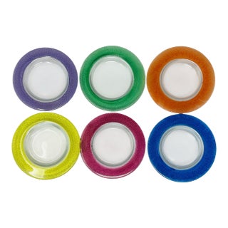 Vintage 80s Mexican Glass Bread Plates - Set of 6 Colorful Textured Rim 5.25" Small Appetizer Side Dishes - Fused Glass For Sale