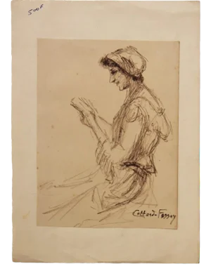 Louise-Jeanne Cottard Fossey "Charcoal Study of a Woman Reading" 19th Century Drawing
