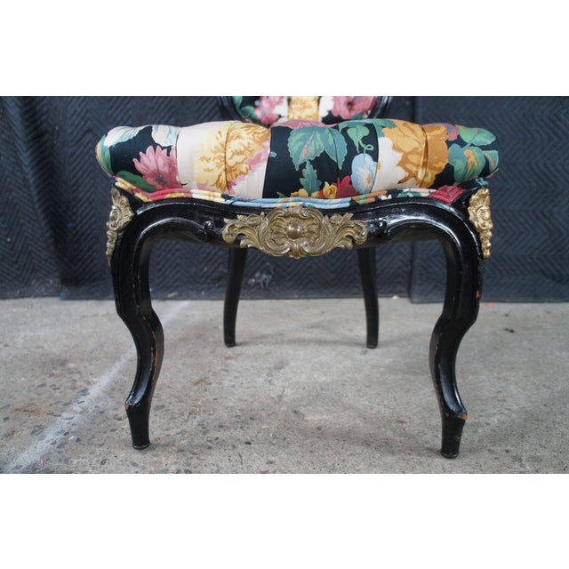 Pink 4 Antique French Louis XV Style Ebonized Dining Chairs Boussac Fabric Ormolu For Sale - Image 8 of 13