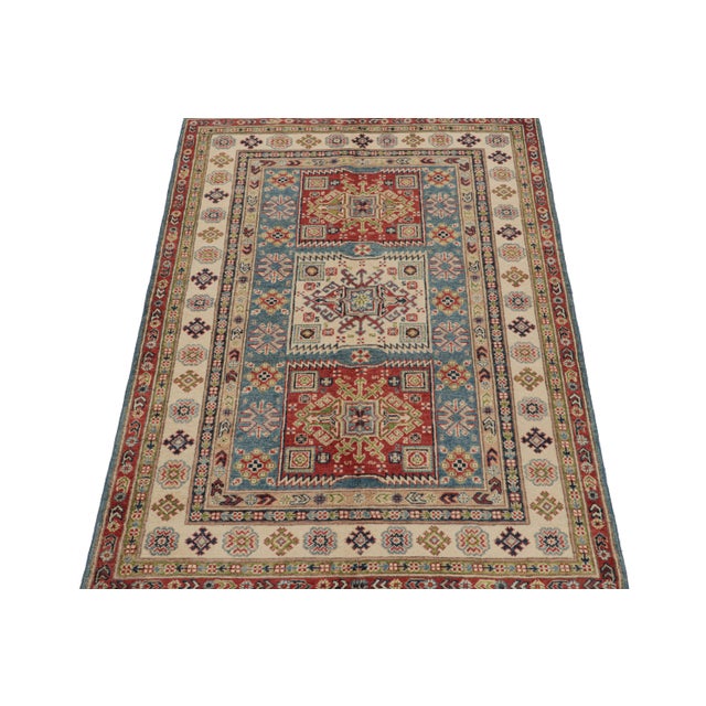 Tribal 2010s Rug & Kilim’s Kazak Style Rug in Red, Blue and Beige-Brown Geometric Patterns For Sale - Image 3 of 7
