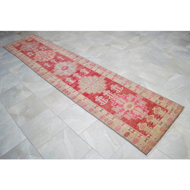 Hand-Knotted Turkish Runner Rug, Low Pile Hallway Rug Kitchen Decor - 3′ × 12′3″ For Sale - Image 16 of 18