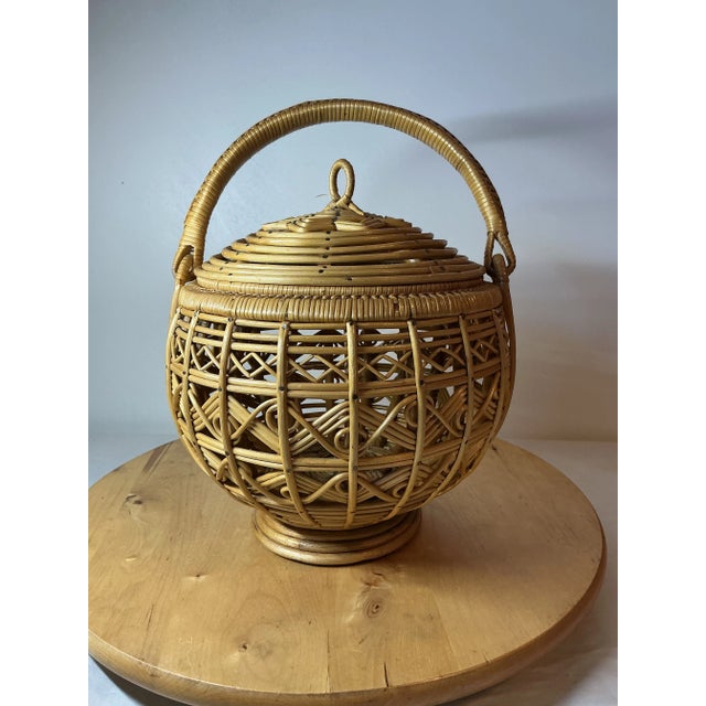 Boho Chic Vintage Bent Rattan Wicker Basket W Handle & Lid Easter Egg 10” Boho Cottage For Sale - Image 3 of 11