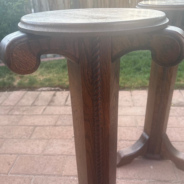 Wood Arts and Crafts Oak Plant Stands-a Pair For Sale - Image 7 of 8