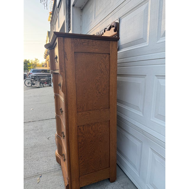 Late 19th Century Antique Victorian Oak Serpentine Front Five-Drawer Highboy Dresser With Ornate Carved Crest For Sale - Image 5 of 12
