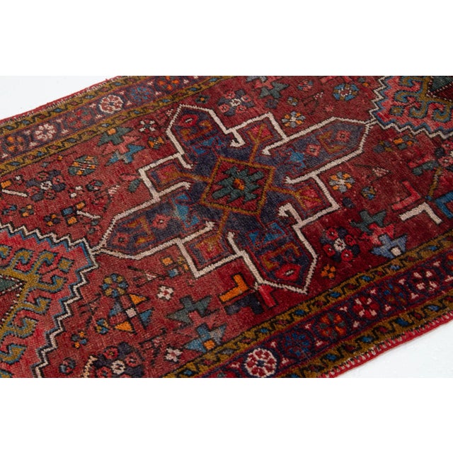 Tribal Red Vintage Persian Heriz Wool Runner With Multicolor Tribal Design For Sale - Image 3 of 8