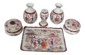 1930s Geisha Hand Painted Vanity Dresser Set - Set of 6