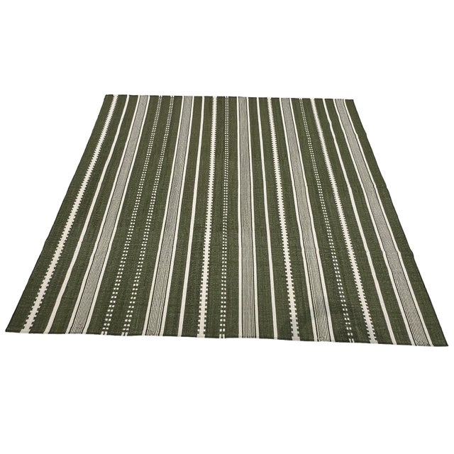 Textile Handmade Woolen Flat Weave Rug, Olive Green and White Striped Wool Rug - 8'x10' For Sale - Image 7 of 13