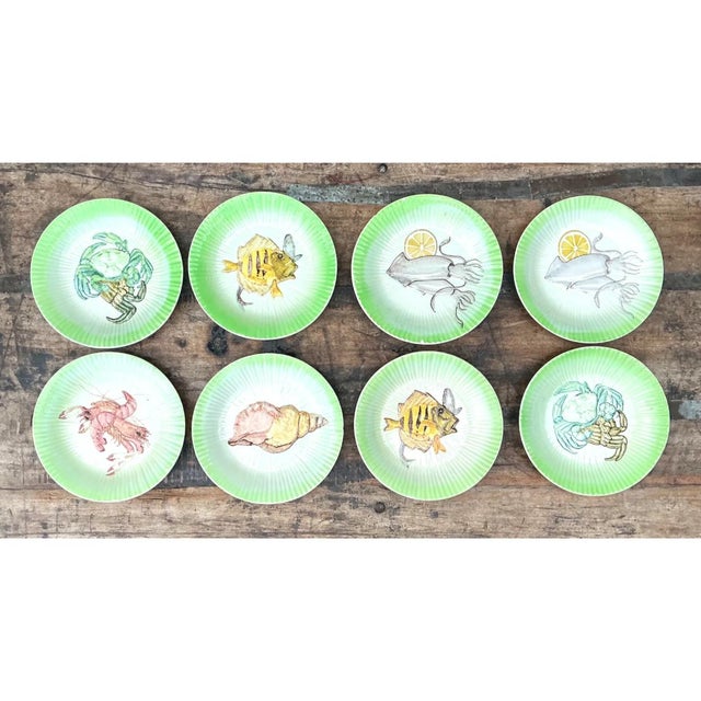 Hollywood Regency Vintage Italian Hand-Painted Ceramic Seafood Plates - Set of 8 For Sale - Image 3 of 13