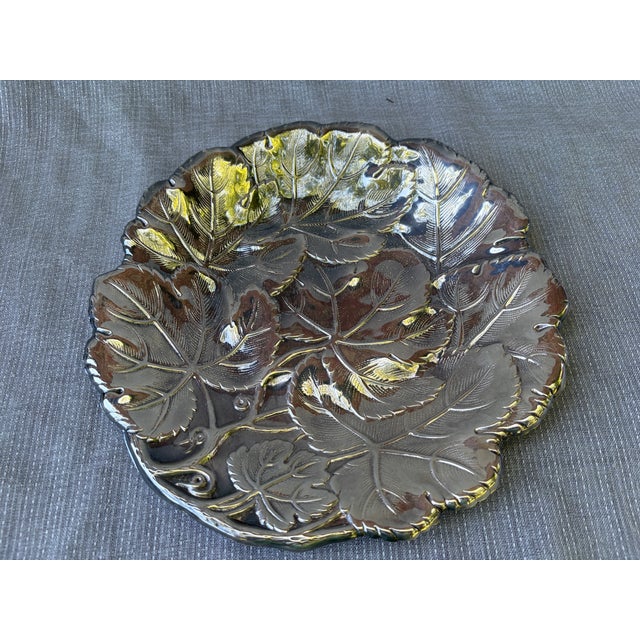 Vintage, polished, round hammered silver plate leaf serving tray. Unmarked. Very good condition, some minor wear. Tray...