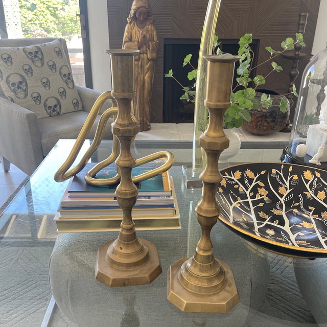 A Pair of Antique Brass Candlesticks For Sale - Image 4 of 5