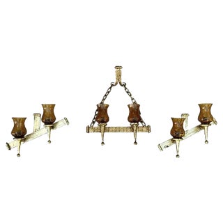 Mid-20th-Century Iron and Colored Glass Wall Lights, 1960s, Set of 3 For Sale