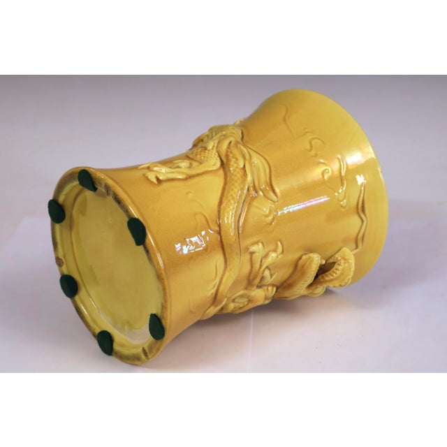 Japanese Antique Awaji Pottery Dragon Vase Brush Pot Yellow Japanese For Sale - Image 3 of 7