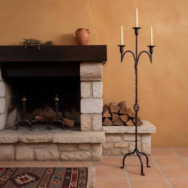 Rustic Hand Forged Iron Floor Candelabra 49″ (124cm) Antique Copper Patina 3-Arm Wide Base Stable Candle Holder Rustic Decor For Sale - Image 3 of 8