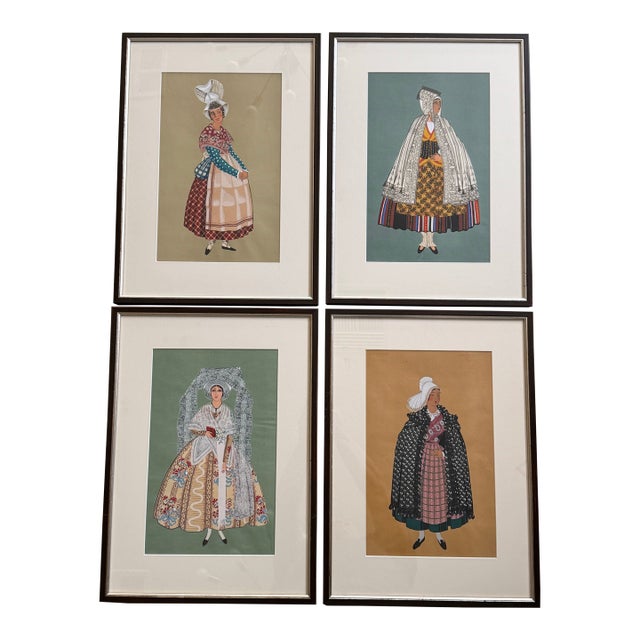 Set of 4 1928 French Pochoir Costume Prints After Gratiane De Gardilanne – Art Deco Regional Dress Plates, Framed For Sale
