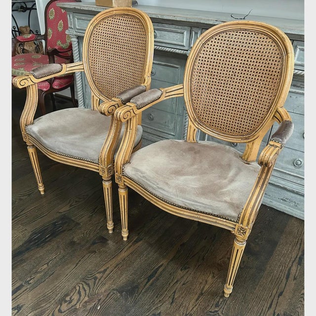French Pair Vintage Fratelli Boffi Italy Cane Back Arm Chairs For Sale - Image 3 of 9