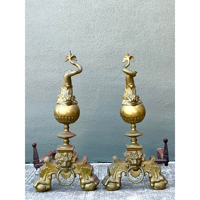 Vintage Brass Koi Andirons - A Pair For Sale - Image 9 of 12