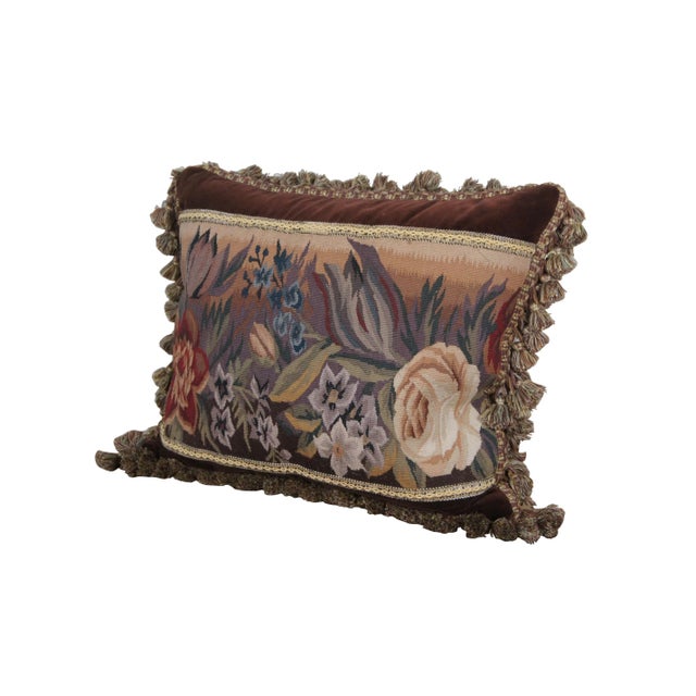 French Mid 20th Century Down Filled Floral Embroidered Brown Velvet Tassel Lumbar Throw Pillow For Sale - Image 3 of 9