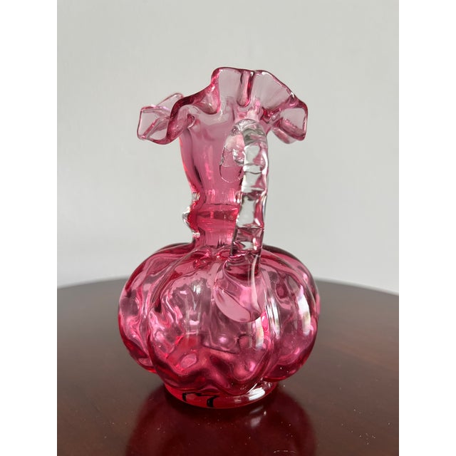 Victorian Antique Bohemian Cranberry Glass Pitcher Ruffled Rim Clear Handle 5.25” Victorian For Sale - Image 3 of 7