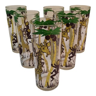 Vintage Set of 6 Monkey and Giraffe Highball Glasses For Sale