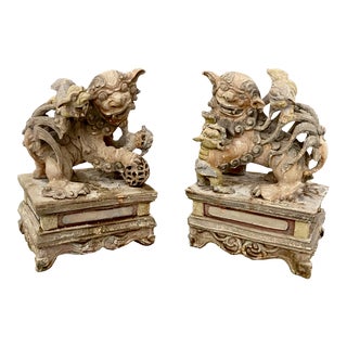 Pair Chinese Caved Wood Guardian Lions Foo Dogs For Sale
