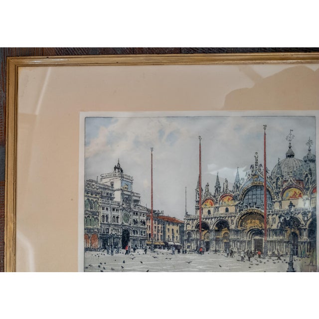 20th Century Colored Aquatint Etching of St. Mark's Square Venice, Signed For Sale - Image 4 of 14