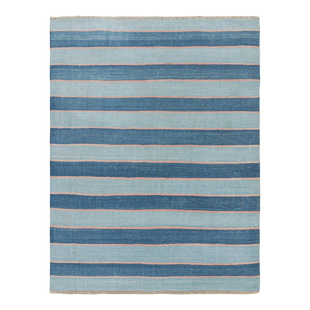 Rug & Kilim's Contemporary Dhurrie Rug in Blue Stripes - 10x14 For Sale