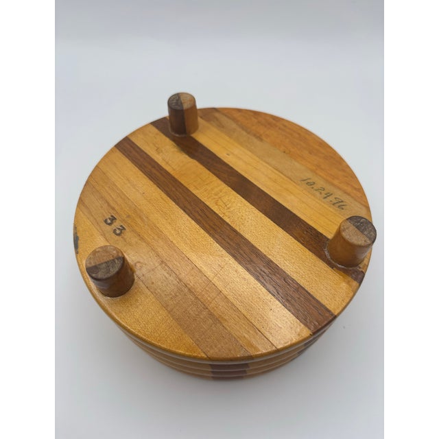 1996 Handcrafted Laminated Wood Lidded Bowl With Geometric Inlay For Sale - Image 4 of 11